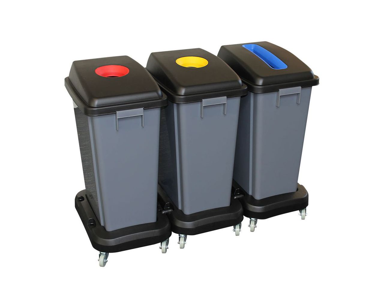 Triple recycling set, 3 x 60l plastic bin on maneuverable plastic base with wheels (grey)