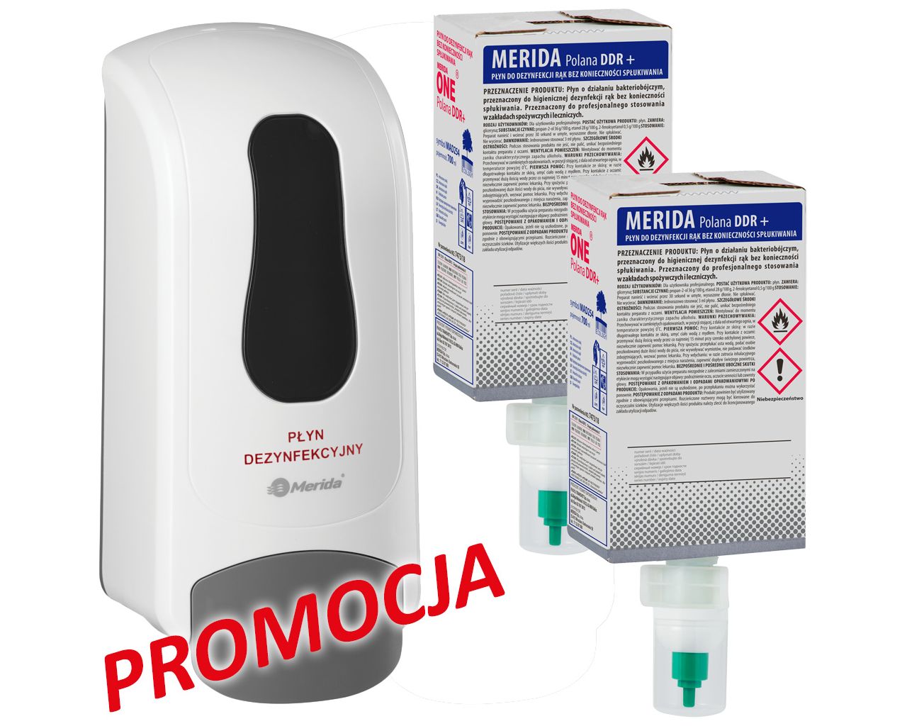 MERIDA ONE white disinfectant dispenser and 2 disinfectant refills