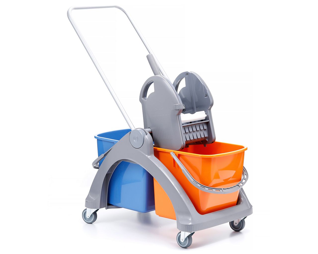 Double bucket trolley on plastic frame, with 2 buckets x 25 l and mop wringer (grey - orange)