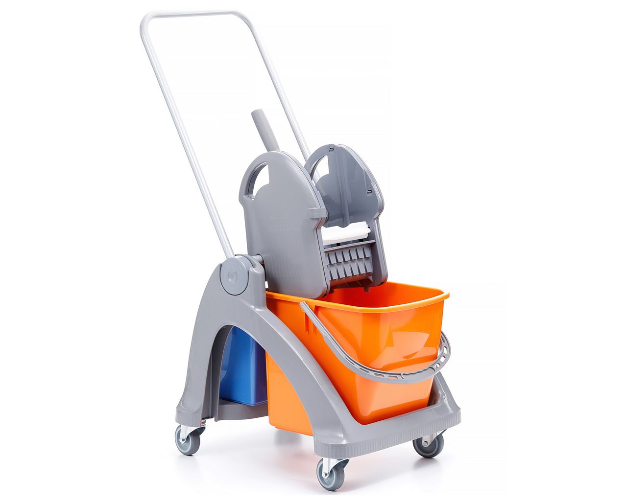 Single trolley on plastic frame, with 2 buckets (25 l / 6 l) and mop wringer (grey - orange)