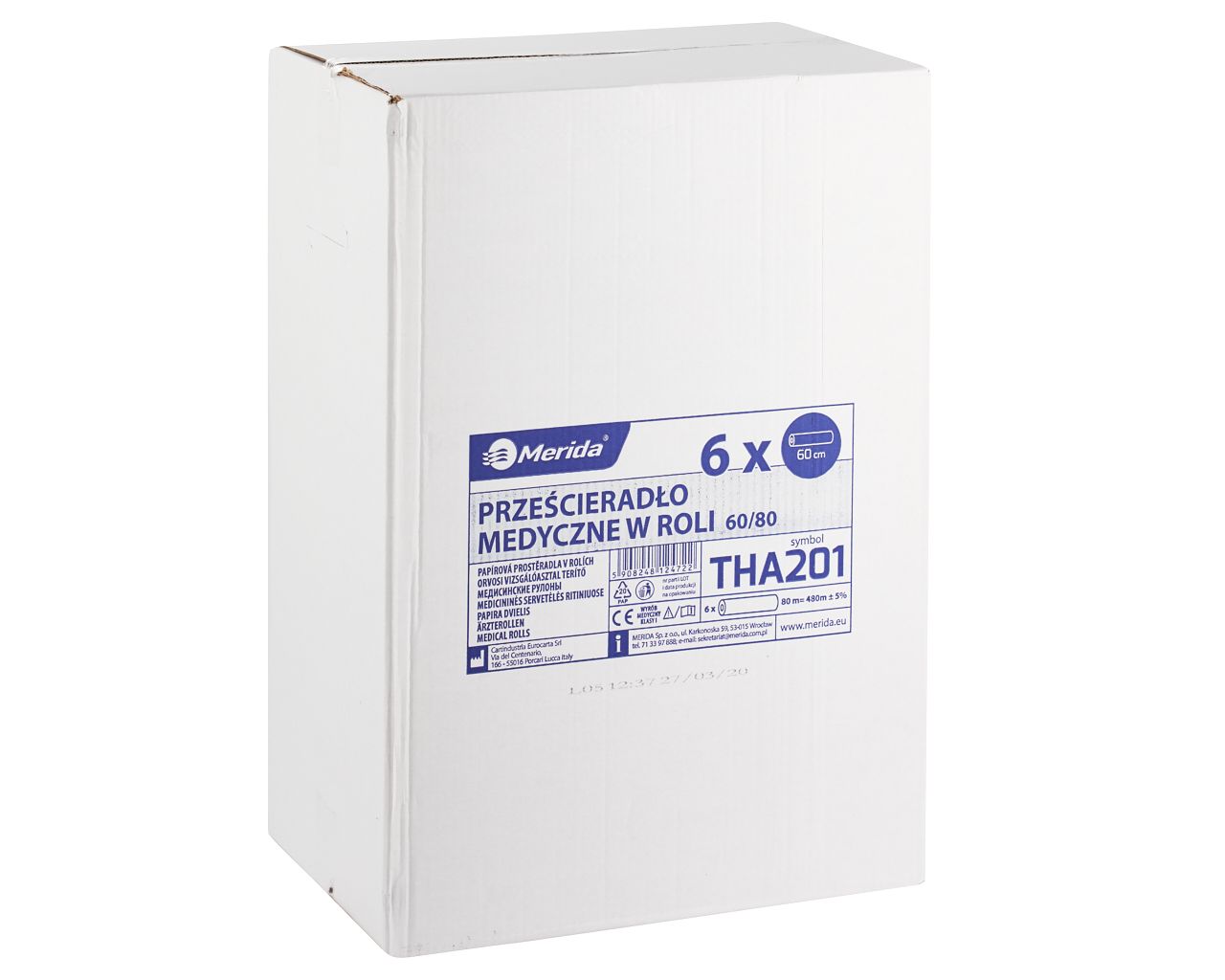 Medical paper sheets in roll for bed protection 60cm x 80m, 6 rolls / carton, 100% cellulose, 2-ply (super white) 