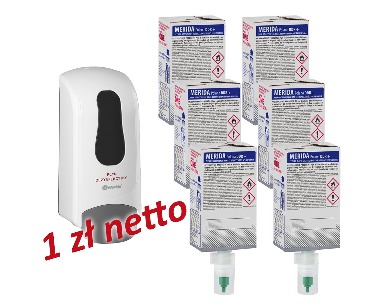 Dozownik płynu dezynfekcyjnego MERIDA ONE biały za 1 zł netto przy zakupie 6 wkładów z płynem MERIDA POLANA DDR+
