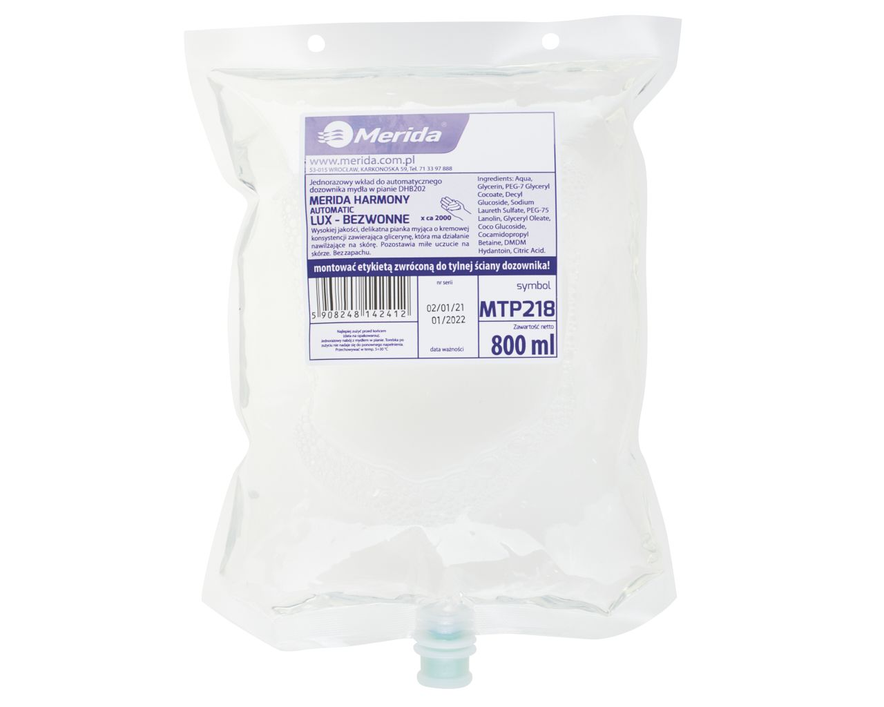 MERIDA HARMONY AUTOMATIC LUX - SCENTLESS foam soap refill, cartridge 800 ml