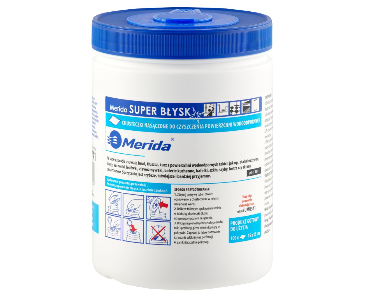 MERIDA SUPER BŁYSK, wet wipes for cleaning water-proof surfaces, roll 15 m, 100 sheets