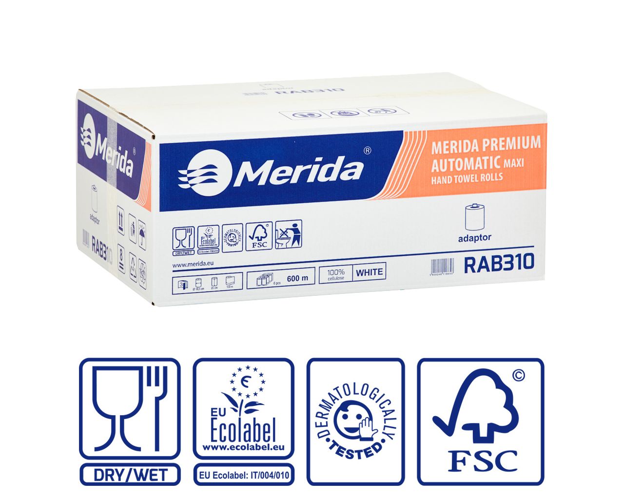 MERIDA PREMIUM AUTOMATIC MAXI - paper towel in roll for maxi auto-cut dispenser, diameter 18.5 cm, white, 3-ply, 100 m (6 rolls / carton)