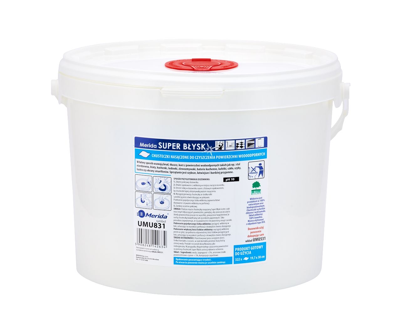 MERIDA SUPER BŁYSK wet wipes for cleaning waterproof surfaces, bucket 10 l, roll 122.36 m, 322 sheets