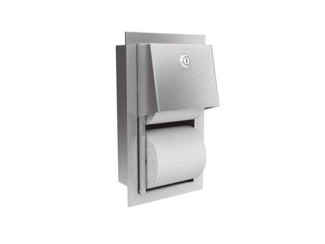 Recessed dual roll toilet tissue dispenser, made of stainless steel (satin version)