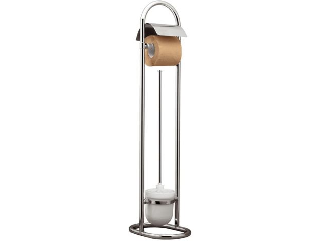 Toilet paper roll holder and toilet brush set, made of chromium-plated brass