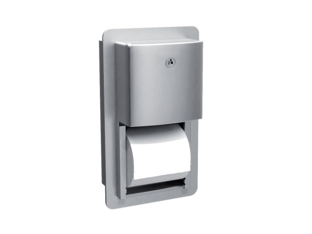 Semi-recessed mounted twin hide-a-roll toilet tissue dispenser, made of stainless steel (satin version)