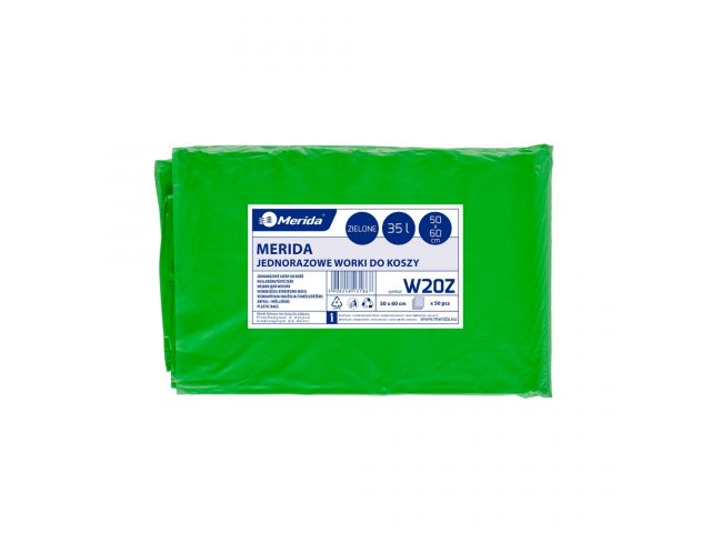 MERIDA Disposable waste bags ldpe, 35l capacity, 50 x 60cm, green, 50 pcs. / package