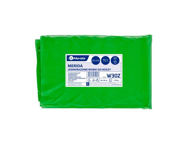 MERIDA Disposable waste bags ldpe, 70l capacity, 60 x 90cm, green, 50 pcs. / package