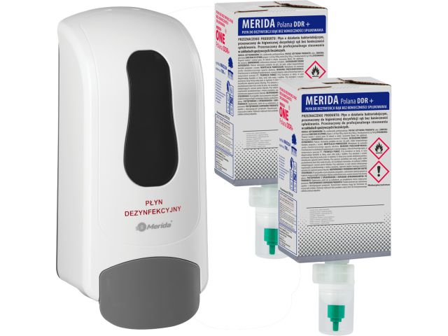 MERIDA ONE disinfectant dispenser and 2 disinfectant refills, white
