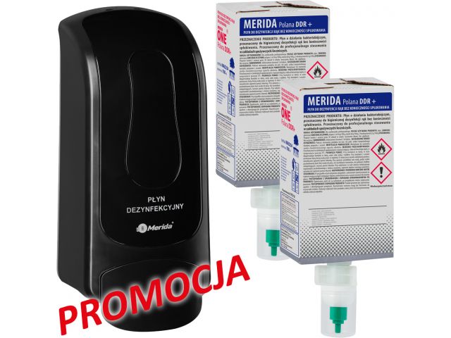 MERIDA ONE black disinfectant dispenser and 2 disinfectant refills