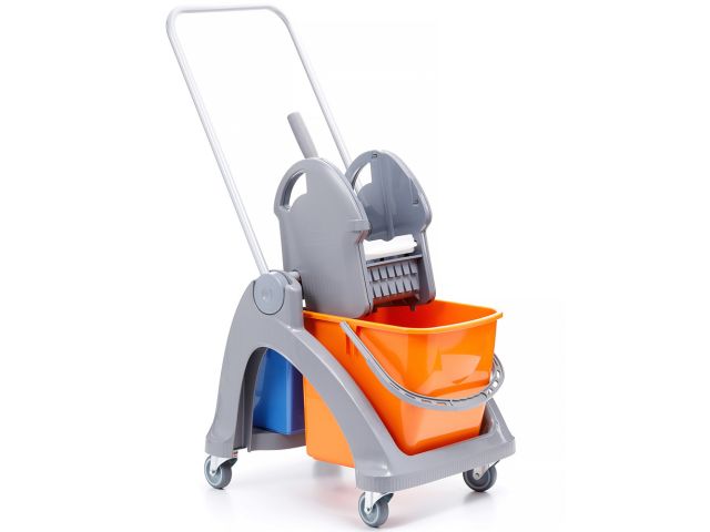 Single trolley on plastic frame, with 2 buckets (25 l / 6 l) and mop wringer (grey - orange)