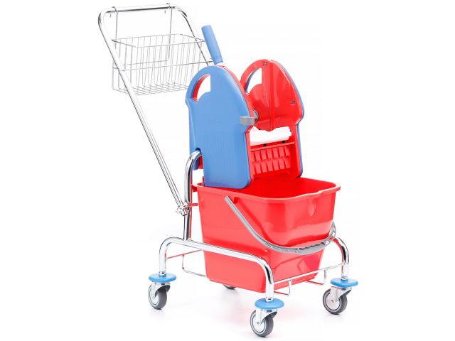 Single bucket trolley on chrome-plated frame, with 20 l bucket, plastic wringer and wire basket