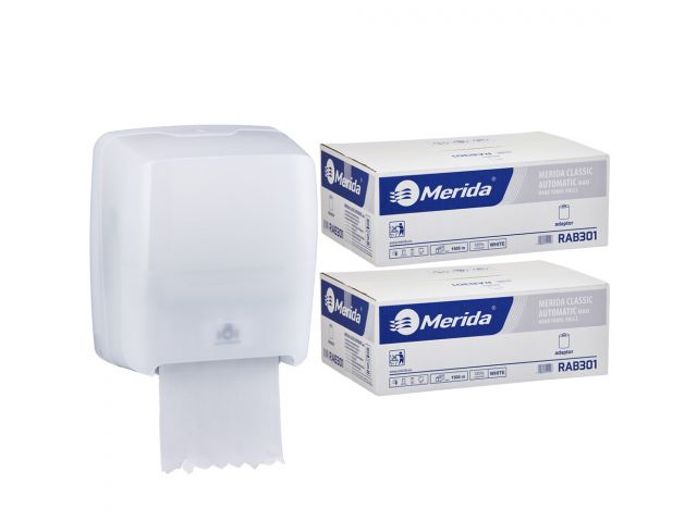 Mechaniczny podajnik ręczników MERIDA HARMONY za 100 zł netto przy zakupie 2 kartonów ręczników MERIDA CLASSIC AUTOMATIC RAB301 (12 x 250 m = 3 000 m, 11 100 listków)