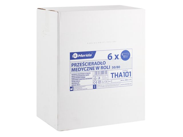 Medical paper sheets in roll for bed protection 50cm x 80m, 6 rolls / carton, 100% cellulose, 2-ply (super white)