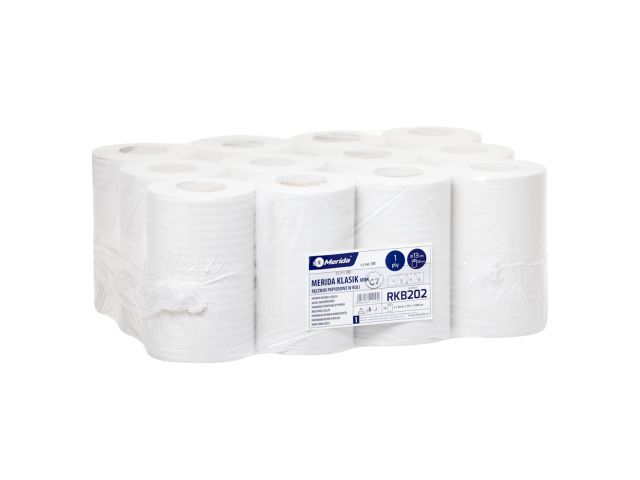 Ręczniki papierowe w roli MERIDA CLASSIC MINI, białe, średnica 13 cm, długość 116 m, jednowarstwowe, zgrzewka 12 rolek