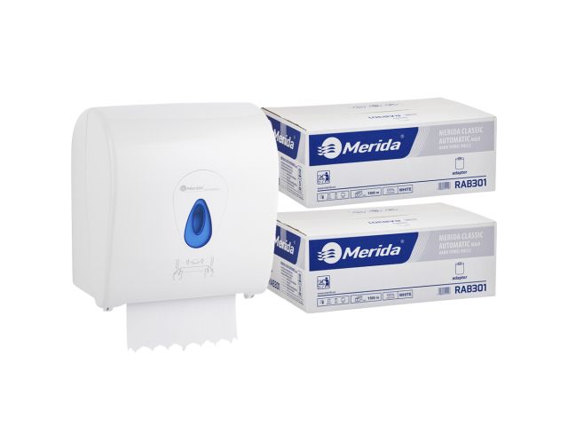 Mechaniczny podajnik ręczników MERIDA TOP niebieski za 100 zł netto przy zakupie 2 kartonów ręczników MERIDA CLASSIC AUTOMATIC RAB301 (12 x 250 m = 3 000 m, 12 500 listków)
