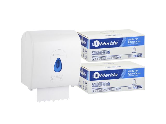 Mechaniczny podajnik ręczników MERIDA TOP niebieski za 100 zł netto przy zakupie 2 kartonów ręczników MERIDA TOP AUTOMATIC RAB312 (12 x 240 m = 2 800 m, 10 656 listków)