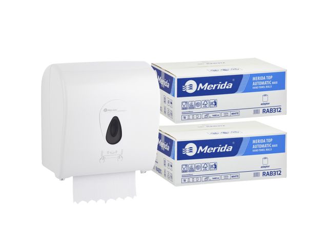 Mechaniczny podajnik ręczników MERIDA TOP szary za 100 zł netto przy zakupie 2 kartonów ręczników MERIDA TOP AUTOMATIC RAB312 (12 x 240 m = 2 800 m, 10 656 listków)