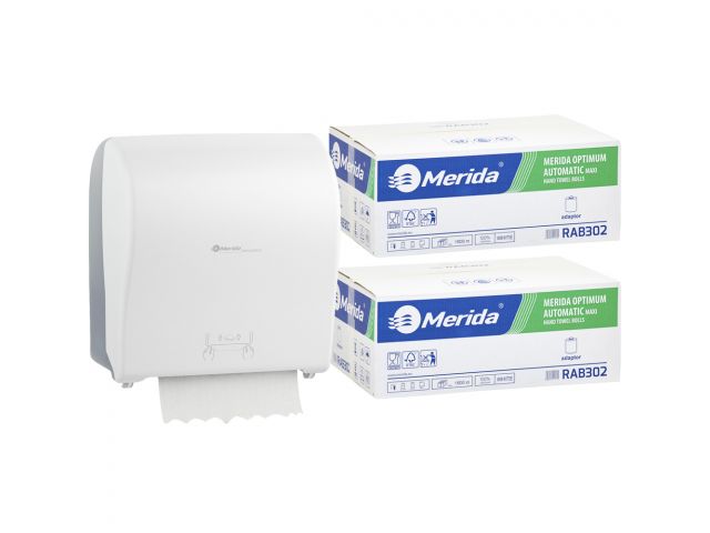 Mechaniczny podajnik ręczników MERIDA SOLID CUT za 100 zł netto przy zakupie 2 kartonów ręczników MERIDA OPTIMUM AUTOMATIC RAB302 (12 x 250 m = 3 000 m, 11 100 listków)