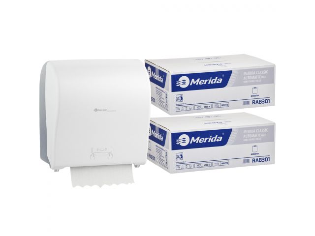 Mechaniczny podajnik ręczników MERIDA SOLID CUT za 100 zł netto przy zakupie 2 kartonów ręczników MERIDA CLASSIC AUTOMATIC RAB301 (12 x 250 m = 3 000 m, 12 500 listków)