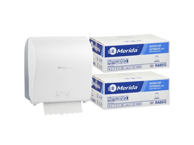 Mechaniczny podajnik ręczników MERIDA SOLID CUT za 100 zł netto przy zakupie 2 kartonów ręczników MERIDA TOP AUTOMATIC RAB312 (12 x 240 m = 2 800 m, 10 656 listków)