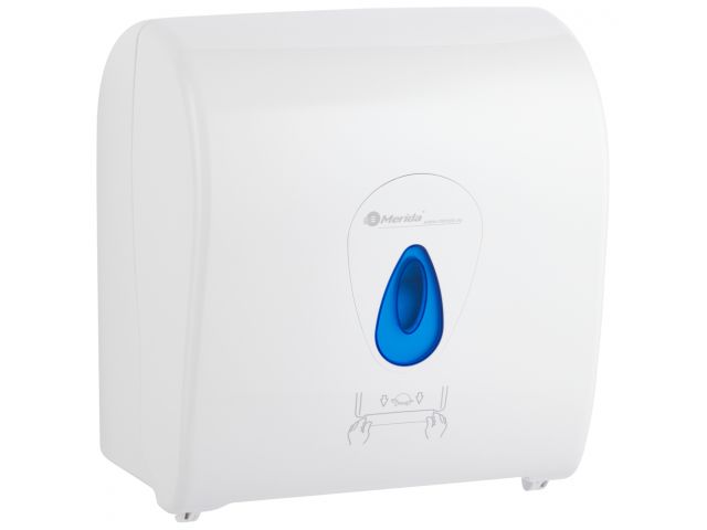 Mechaniczny podajnik ręczników papierowych w rolach MERIDA TOP AUTOMATIC MAXI, tworzywo ABS, biały połysk, okienko niebieskie