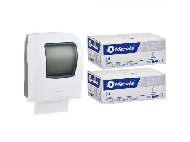Mechaniczny podajnik ręczników MERIDA ONE biały za 125 zł netto przy zakupie 2 kartonów ręczników MERIDA CLASSIC AUTOMATIC RAB301 (12 x 250 m = 3 000 m, 11 760 listków)