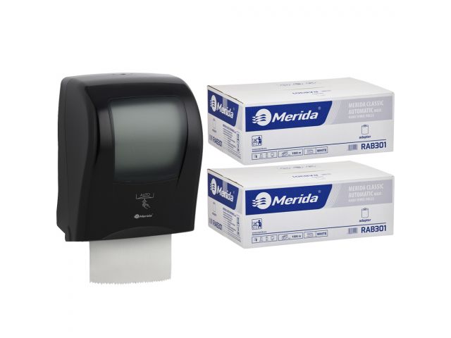 Automatyczny bezdotykowy podajnik ręczników MERIDA ONE czarny za 250 zł netto przy zakupie 2 kartonów ręczników MERIDA CLASSIC AUTOMATIC RAB301 (12 x 250 m = 3 000 m, 11 760 listków)