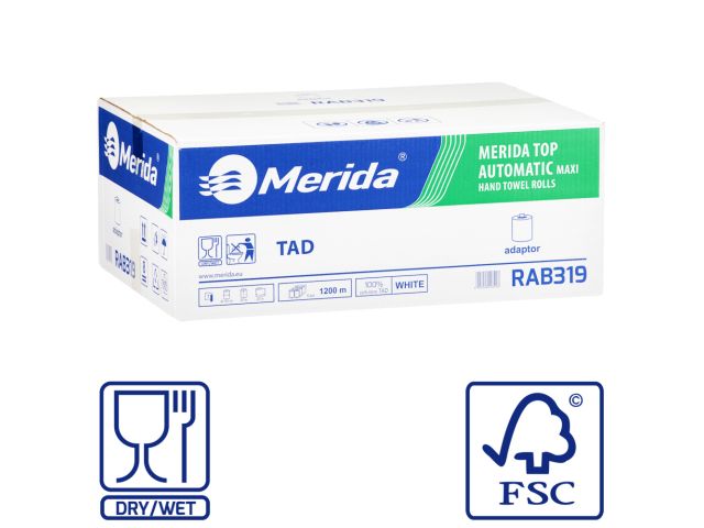 Ręczniki papierowe w roli z adaptorem MERIDA TOP TAD AUTOMATIC MAXI, białe, jednowarstwowe, długość 200 m, karton 6 rolek
