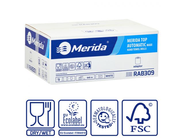 MERIDA TOP AUTOMATIC MAXI - paper towel in roll for maxi auto-cut dispenser, white, 2-ply, 100% cellulose, 140 m (6 rolls / carton)