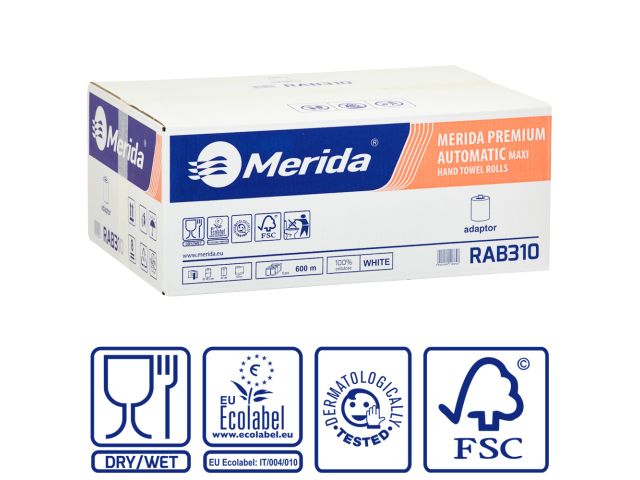 Ręczniki papierowe w roli z adaptorem MERIDA PREMIUM AUTOMATIC MAXI, białe, średnica 18,5 cm, długość 100 m, trzywarstwowe, karton 6 rolek