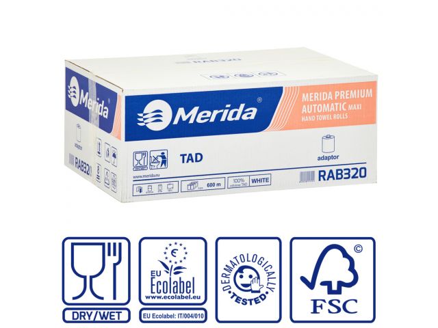 Ręczniki papierowe w roli z adaptorem MERIDA PREMIUM TAD AUTOMATIC MAXI, białe, średnica 18,5 cm , długość 100 m, dwuwarstwowe karton 6 rolek
