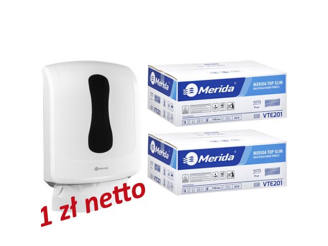 Pojemnik na ręczniki składane MERIDA ONE biały za 1 zł netto przy zakupie 2 kartonów ręczników składanych MERIDA TOP SLIM VTE201 (2 x 3150 = 6 300 listków)