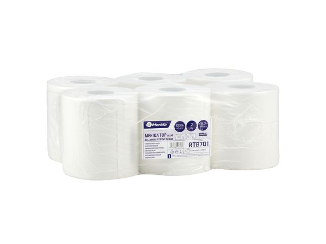 Ręczniki papierowe w roli MERIDA TOP CENTER PULL MAXI, białe, średnica 18 cm, długość 158 m, dwuwarstwowe, zgrzewka 6 rolek