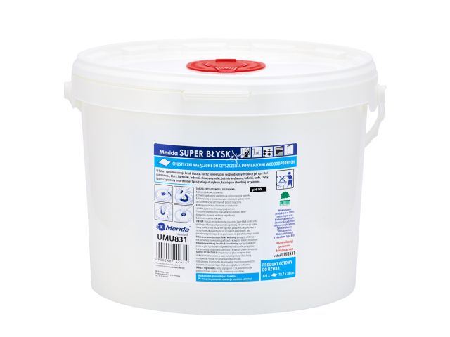 MERIDA SUPER BŁYSK wet wipes for cleaning waterproof surfaces, bucket 10 l, roll 122.36 m, 322 sheets