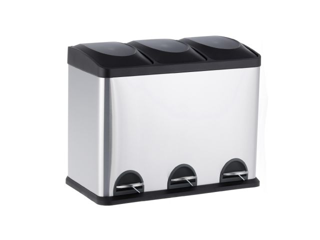 3-compartment pedal bin with plastic pull-out buckets, capacity 3 x 15l (matt steel)