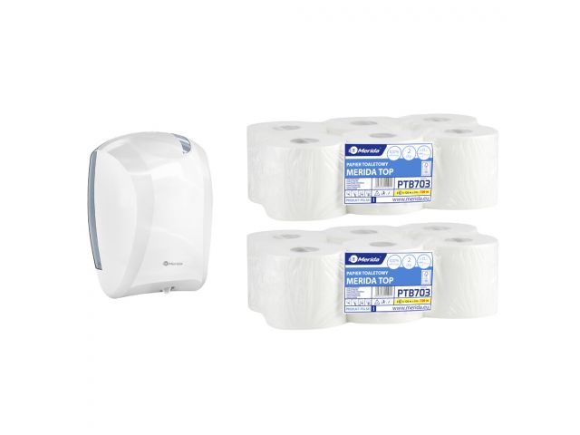 Pojemnik na papier toaletowy w listkach CENTER PULL biały za 50 zł netto przy zakupie 2 opakowań papieru MERIDA TOP PTB703