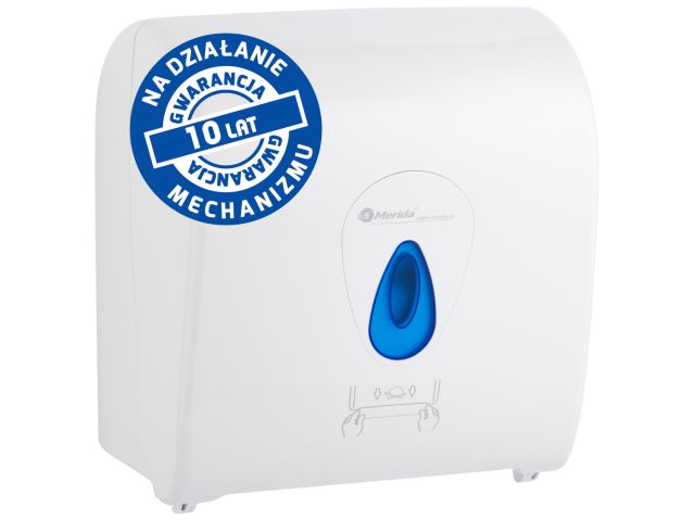 Mechaniczny podajnik ręczników papierowych w rolach MERIDA TOP AUTOMATIC MAXI, tworzywo ABS, biały połysk, okienko niebieskie