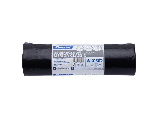 MERIDA disposable waste bags, 110 x 110 cm, capacity 240 l, roll of 10, black