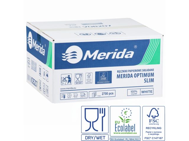 Ręczniki papierowe MERIDA OPTIMUM SLIM, białe, dwuwarstwowe, 2700 SZT., ECOLABEL