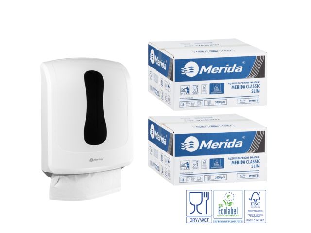 Pojemnik na ręczniki składane MERIDA ONE biały za 1 zł netto przy zakupie 2 kartonów ręczników składanych MERIDA CLASSIC SLIM ECOLABEL VKB201 (2 x 3000 = 6 000 listków)