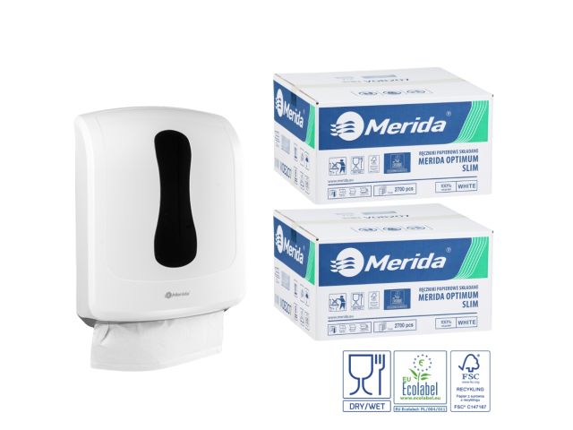 Pojemnik na ręczniki składane MERIDA ONE biały za 1 zł netto przy zakupie 2 kartonów ręczników składanych MERIDA OPTIMUM SLIM ECOLABEL VOB207 (2 x 2700 = 5 400 listków)