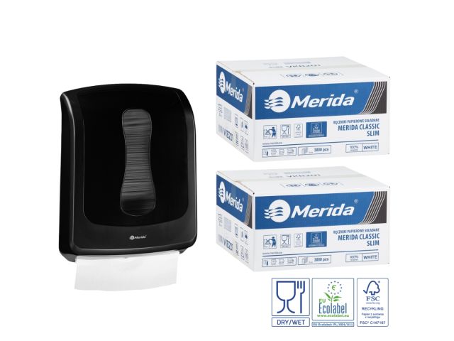 Pojemnik na ręczniki składane MERIDA ONE czarny za 1 zł netto przy zakupie 2 kartonów ręczników składanych MERIDA CLASSIC SLIM ECOLABEL VKB201 (2 x 3000 = 6 000 listków)