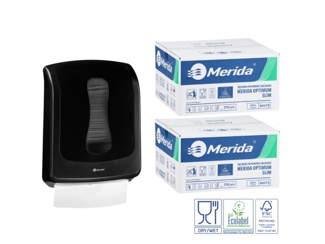 Pojemnik na ręczniki składane MERIDA ONE czarny za 1 zł netto przy zakupie 2 kartonów ręczników składanych MERIDA OPTIMUM SLIM ECOLABEL VOB207 (2 x 2700 = 5 400 listków)