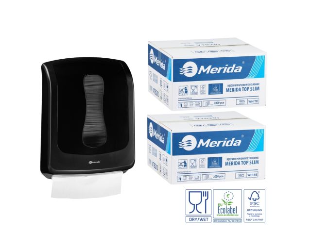 Pojemnik na ręczniki składane MERIDA ONE czarny za 1 zł netto przy zakupie 2 kartonów ręczników składanych MERIDA TOP SLIM ECOLABEL VTB210 (2 x 3000 = 6 000 listków)