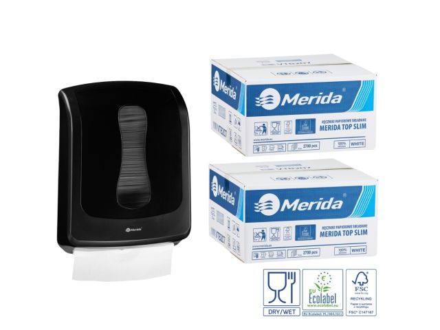 Pojemnik na ręczniki składane MERIDA ONE czarny za 1 zł netto przy zakupie 2 kartonów ręczników składanych MERIDA TOP SLIM ECOLABEL VTB207 (2 x 2700 = 5 400 listków)