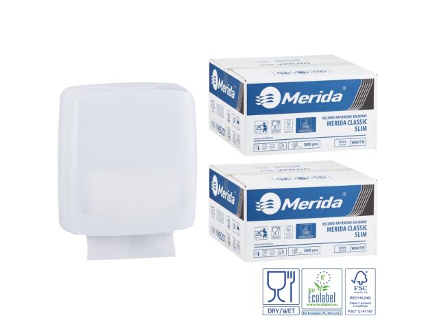 Pojemnik na ręczniki składane MERIDA HARMONY SLIM za 1 zł netto przy zakupie 2 kartonów ręczników składanych MERIDA CLASSIC SLIM ECOLABEL VKB201 (2 x 3000 = 6 000 listków)